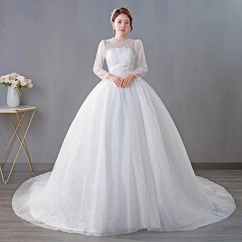 

Cheap Wedding Dress Pearls Bling Tulle O-neck Full Sleeves Floor Length Plus size Princess Trailing Plus sizw Bride Gowns XN161