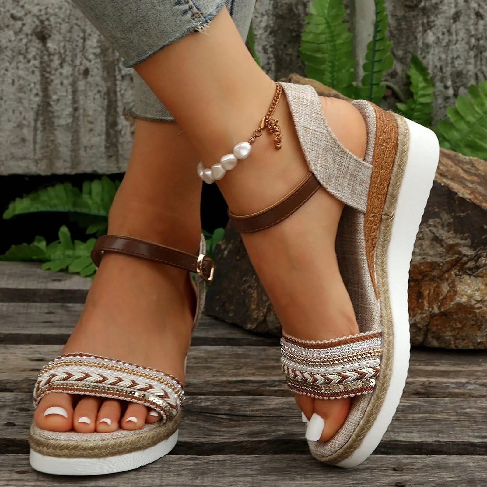 Sandals For Women Wedge Half Ladies Weave Open Toe Buckle Strap Cloth Slope Heel Thick Sandals Women Flip Flops Rhinestones