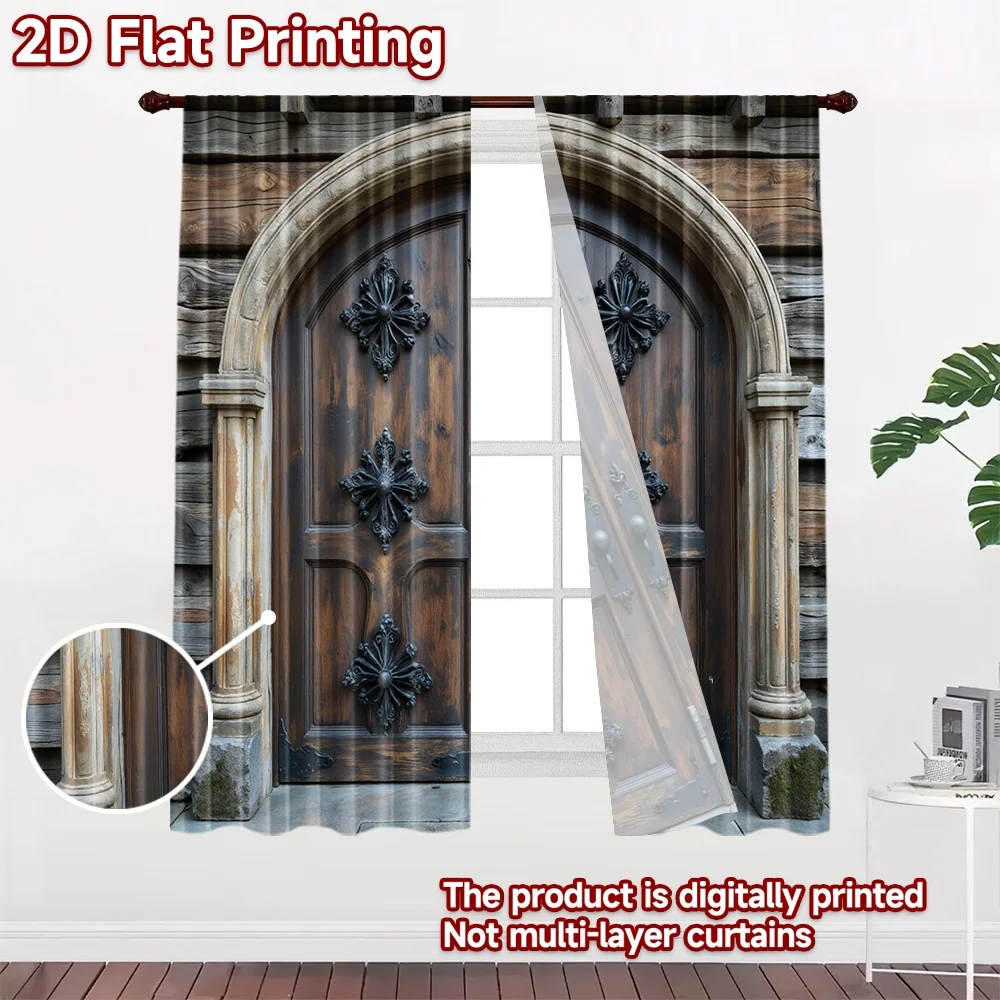 2D flat 2pcs Curtain Retro Country Style Wooden Double Door Durable polyester fiber Festive Wall Decor for Bedroom Office Living