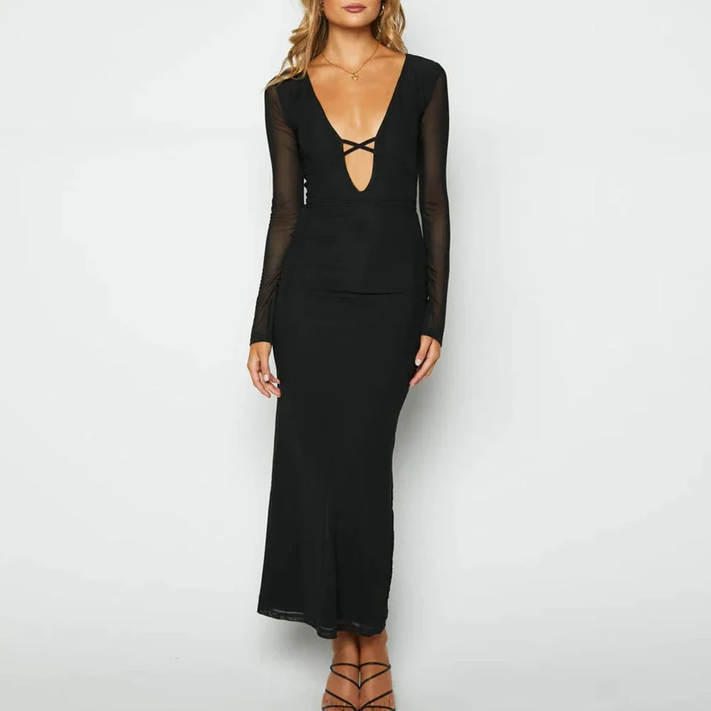 Abiti da donna Abiti primaverili aderenti alla moda slim ritagliati tinta unita manica lunga scollo profondo maxi abiti avvolgenti