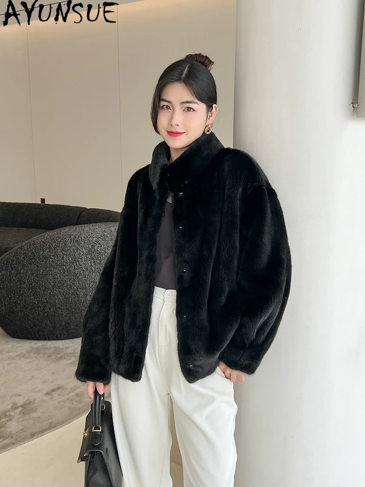 AYUNSUE Куртка из натурального бархата норки с воротником-стойкой Роскошная куртка из цельной норки для женской одежды Высокое качество Кофта С Мехом