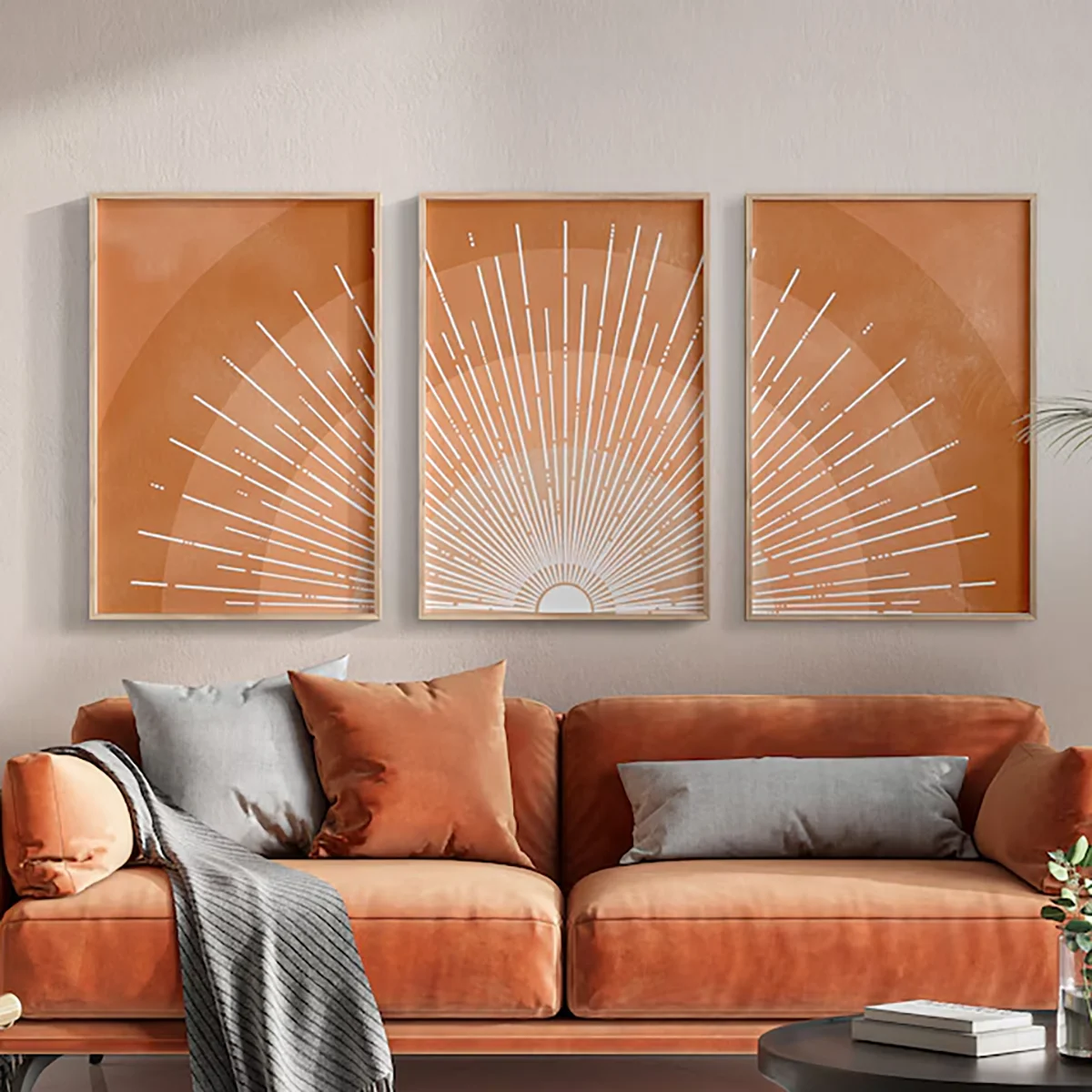 3PCS Boho Sun Rays Canvas Print, Terracotta Orange Abstract Geometric Art For Living Room Wall Decoration