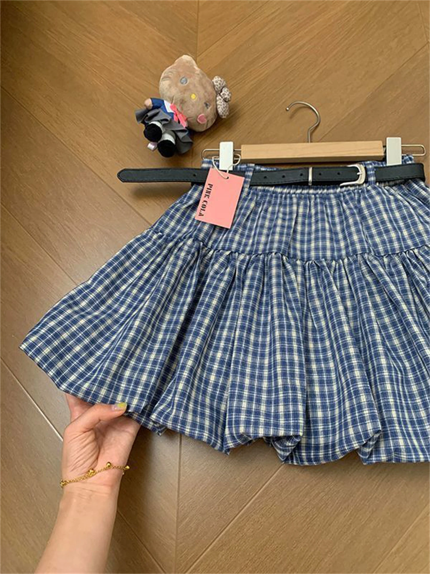 Koreaanse Sle Hoge Taille Geruite Bloemknop A-lijn Rok Dames Faion Lente Herfst Seizoen Ademend Comfortabel Polyes...