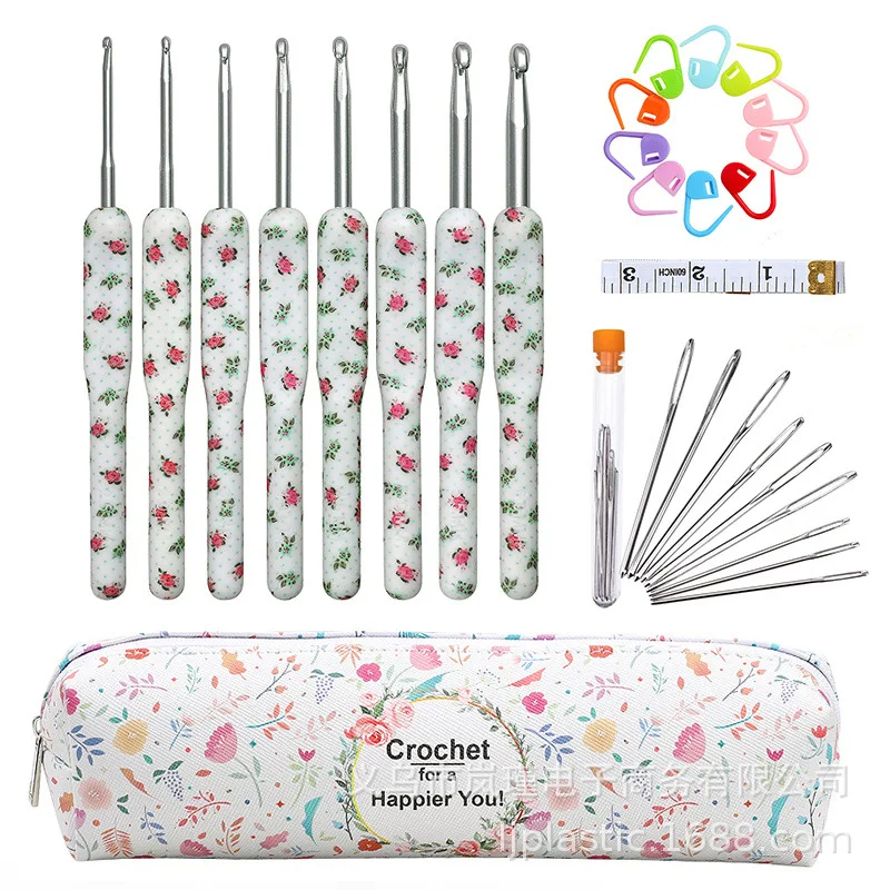 Blue Color Crochet Hooks Kit Aluminum Crochet Needles With Bag Ergonomic Knitting Croche Set White Bags with Flower 2.5-6.0MM