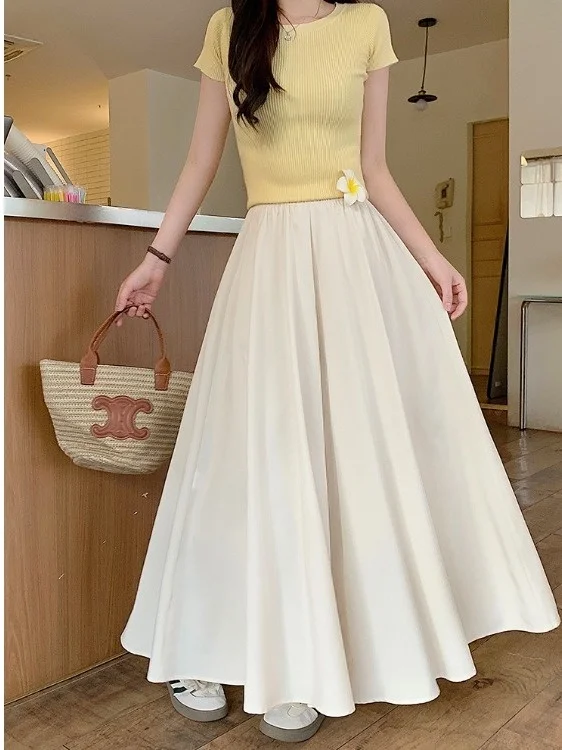 

plus Size Women's Gentle Sle White Versatile Draped f Skirt Summer New High Waist Meat Concealing A-Line Midi Skirt