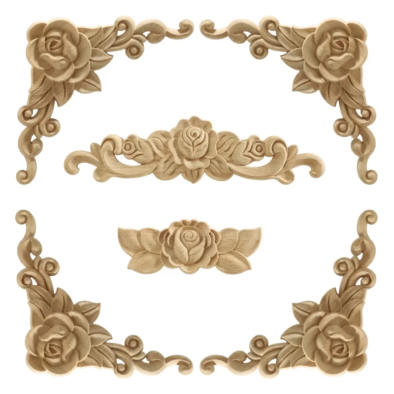 RUNBAZEF 6pc Rose Flower Carving Natural Wood Appliques for Furniture Cabinet Unpainted Wooden Mouldings Decal Decorative Figu