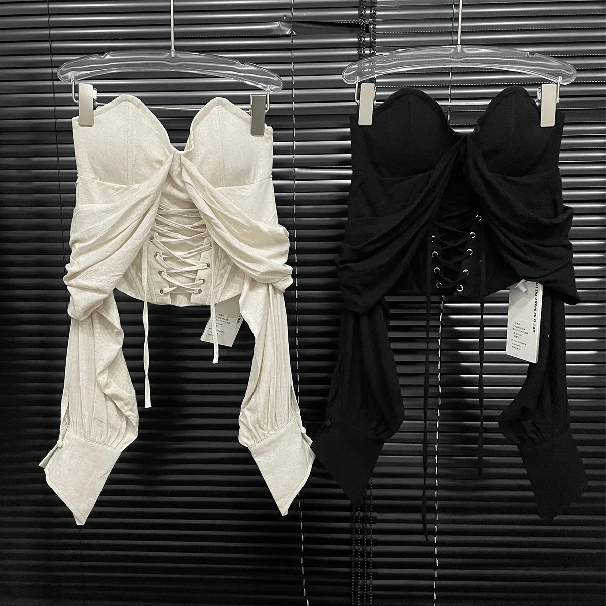 WTHT New Trendy Women's Spliced Ribbon Bandage Design Strapless 2024 Winter Off-shoulder Long Sleeves Tops Female 1LS398