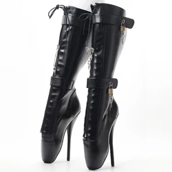 CACA 18cm Women High Ballet Boots,Men Cosplay Pole Dance Shoes,Fetish Lockable Botas,Patent Leather,Black,Custom Colors,Dropship