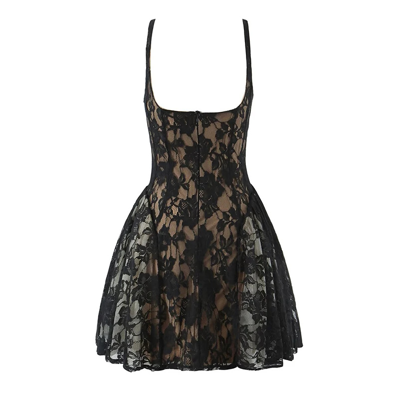 YENKYE nuevo 2026 mujeres Sexy fiesta sin mangas vestido de encaje Beige negro verano vestido de baile Mini vestidos