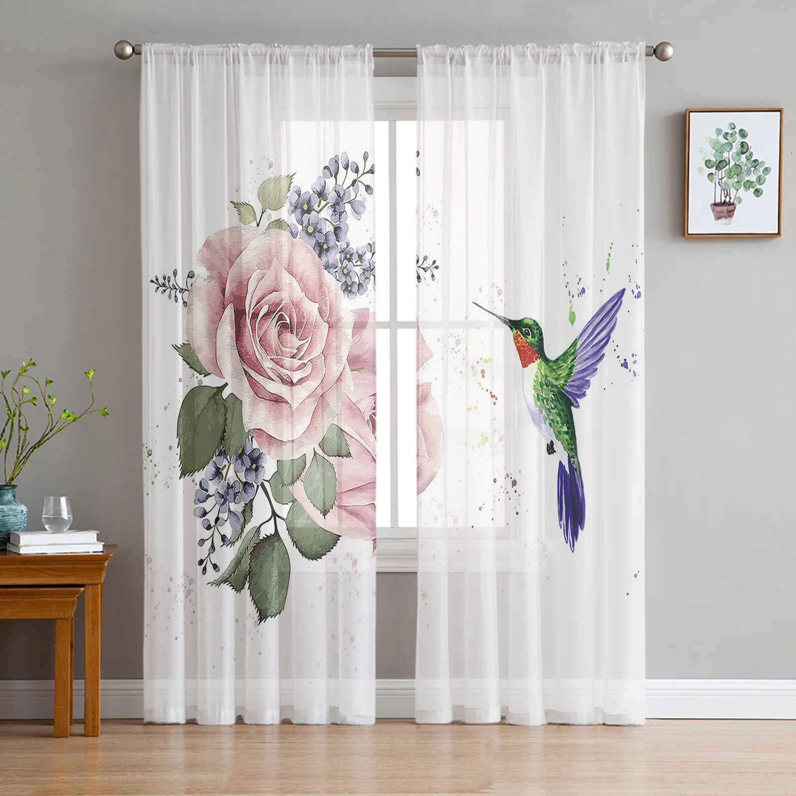 Hummingbird Pink Flower White Window Curtains Bedroom Modern Drape Sheer Tulle Valances Living Room Kitchen Voile Curtain