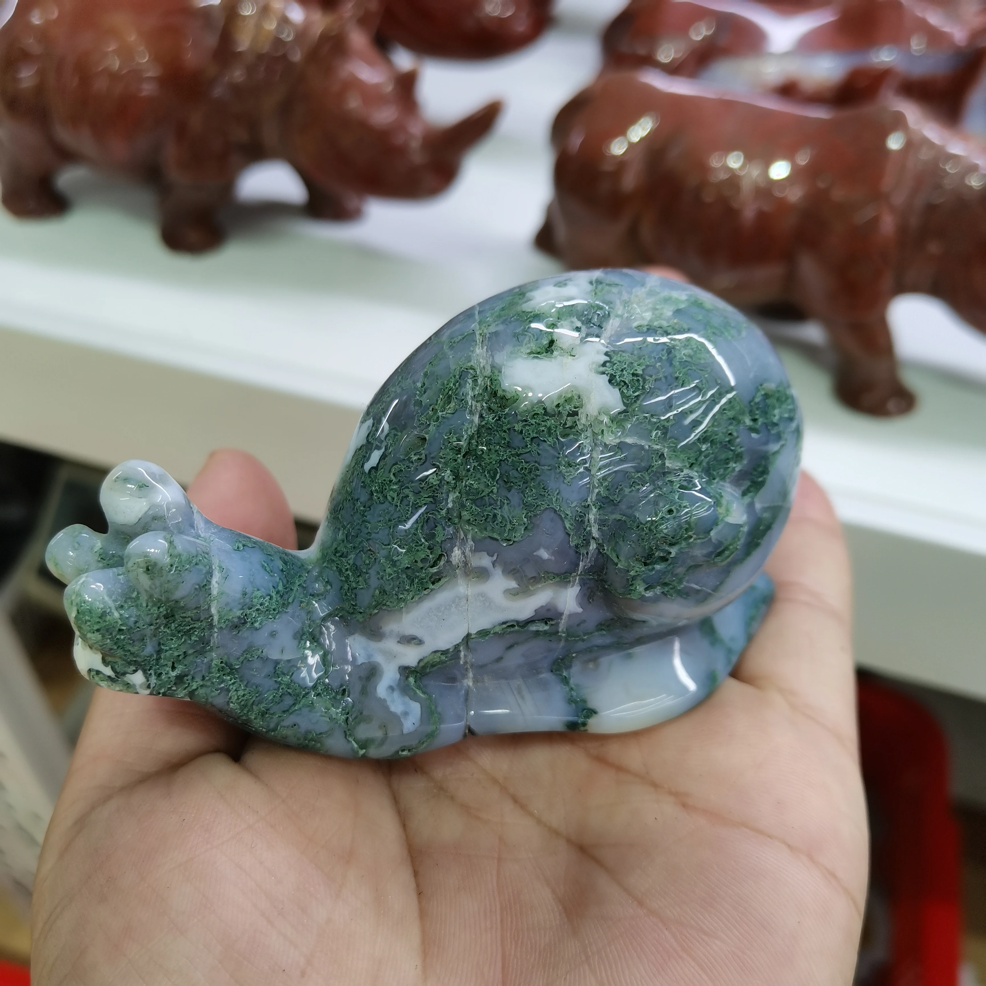 1pc 400g Natural Ocean Jasper Moss Agate snail Crystal Carving Meditation Cures Crystal Home Office Feng Shui Decoration