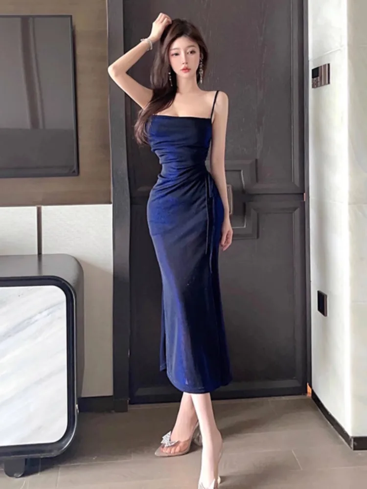 Kimotimo Luxury Shiny Silk Sling Dress Women Sexy Slash Neck Temperament Shirring Split Long Dresses Evening Party Vestidos Ins