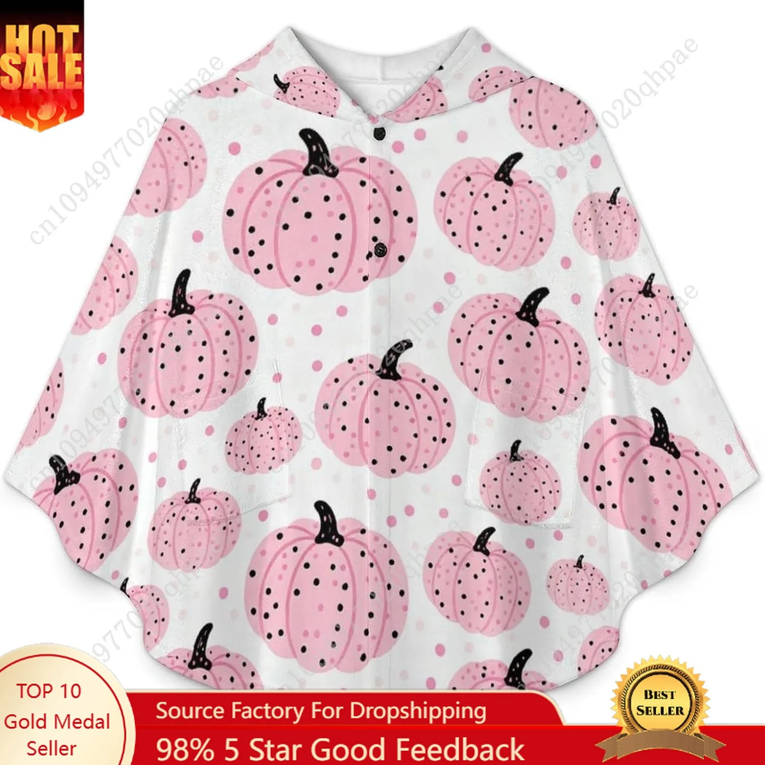 سترة بطانية مريحة من الفلانيل، هوديي كبير الحجم بنقاط سوداء على شكل قرع مع جيوب للأطفال والمراهقين #1