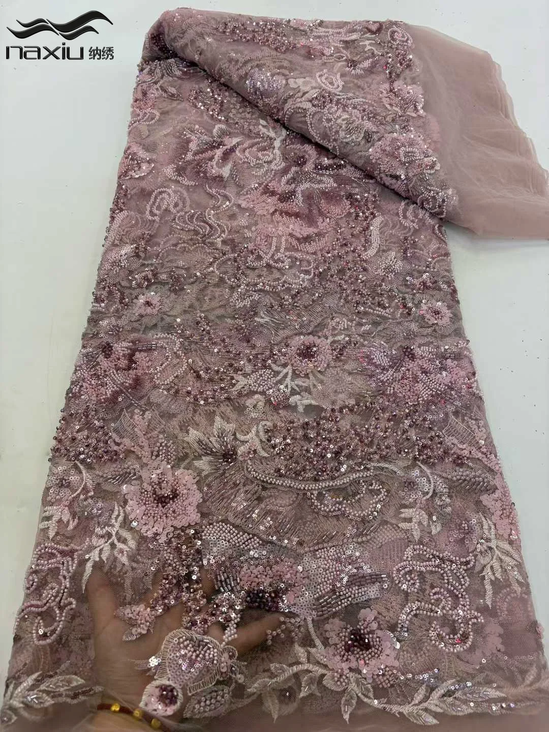 

Madison African Net Lace With Sequins African Lace Fabric High Quality 5 Yards Nigerian French Tulle Lace Fabric For Wedding