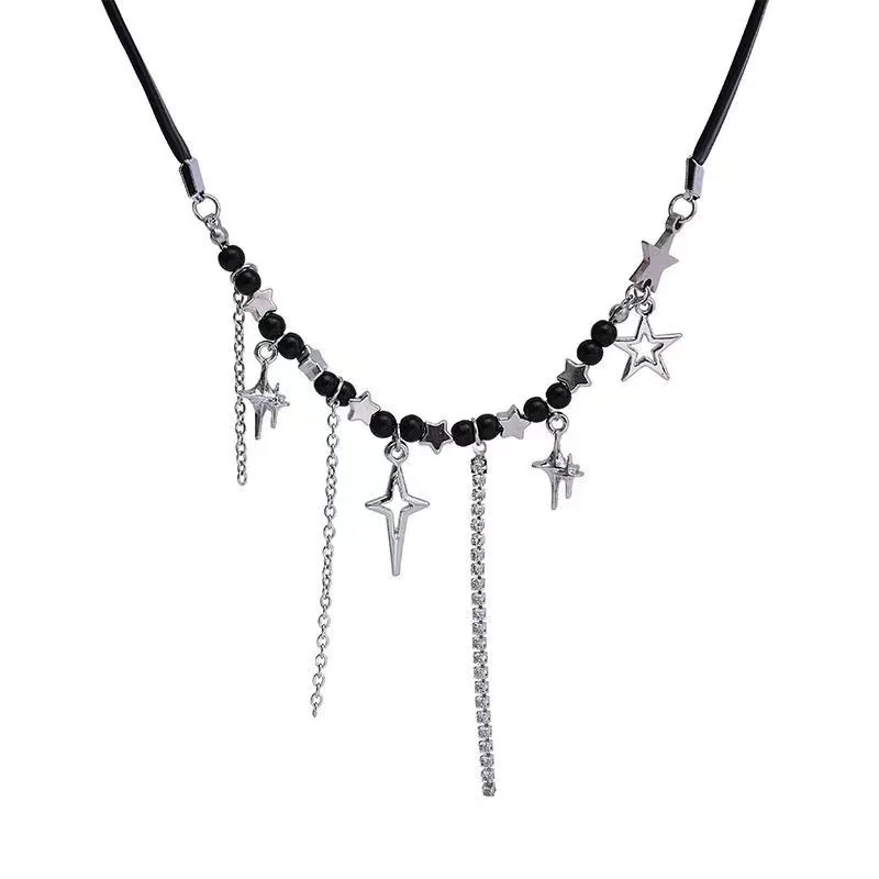 Punk Stern Pentagramm Halskette für Frauen Mode Intarsien Strass Quasten Halsband Schwarz Seil Halskette Y2K Stil Zubehör Geschenke – Detail 10