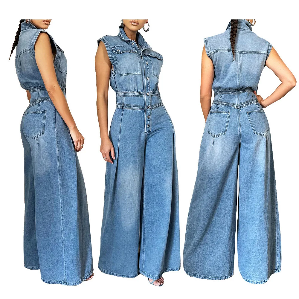 

Women's Fashion Sleeveless Denim Jumpsuit Casual Cargo Style Wide Leg Button Down Washed Jean Overall Spring Summer