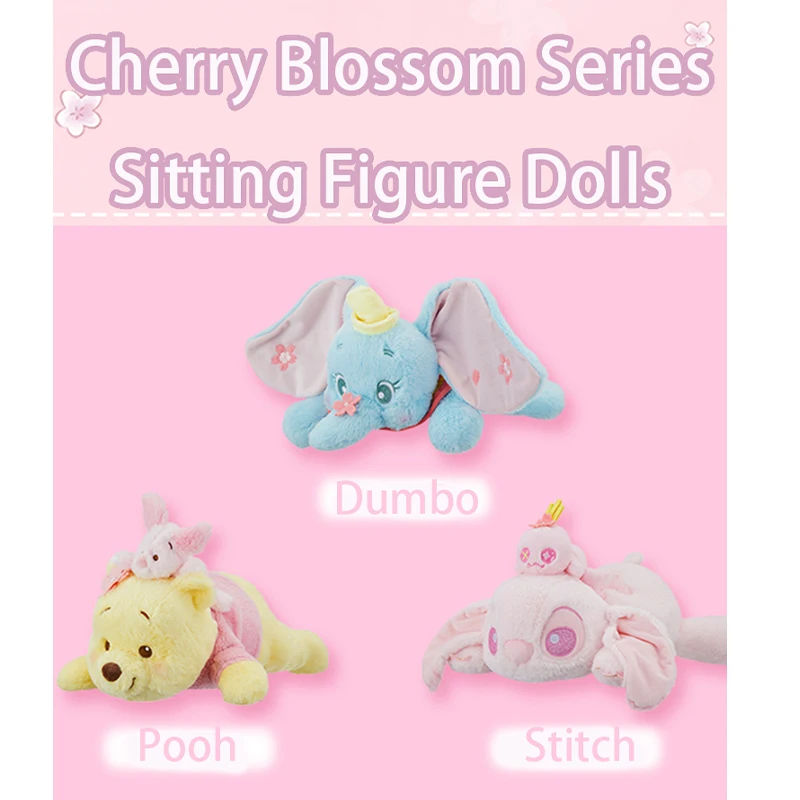 

Stitch and Winnie The Pooh Lying Down Plush Doll Pastel Pink Cherry Blossom Theme Cute Collectible Plushies for Birthday Present