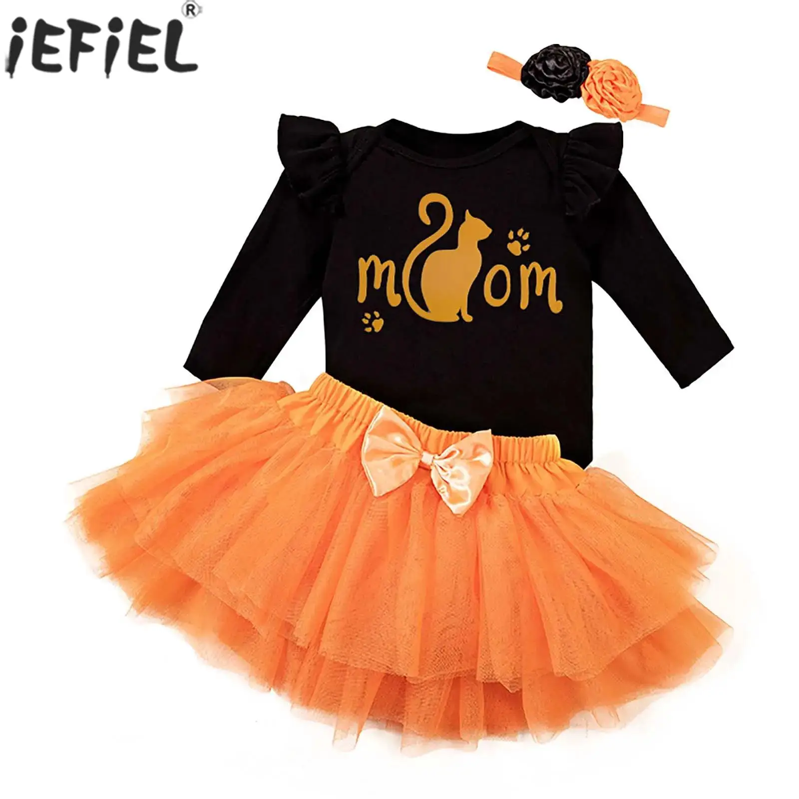 Infant Girls Halloween Cosplay Costume Long Sleeve Pumpkin Witch Hat Cat Print Romper with Tutu Theme Party Dress Up Clothes