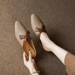 Mesh Mid Heel Modern Slippers Butterfly-knot Square Heel Shoes Female 2024 Hot Sale Solid Summer Concise Women's Slippers