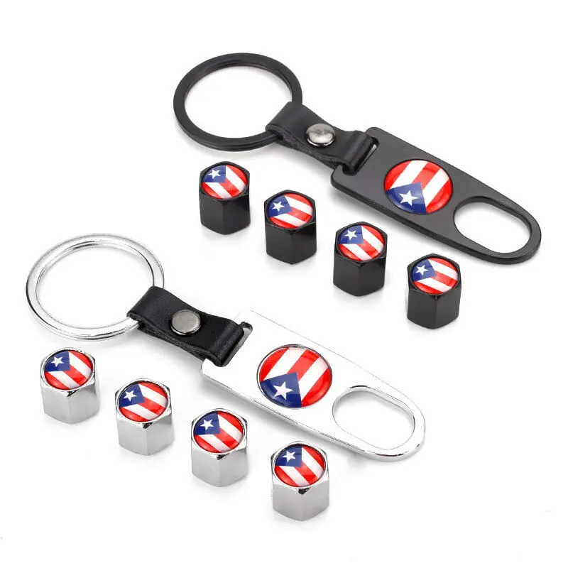 

1 Set Puerto Rico Flag Logo Key Tire Air Valve Chain Car Stem Caps Ring Fob Universal Accessories