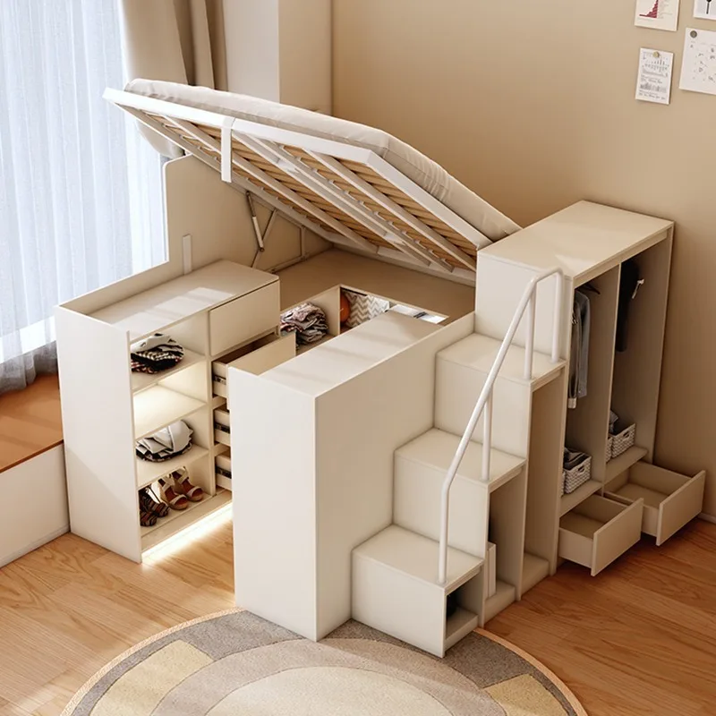 Small apartment function bed, wardrobe bed with lamp, pneumatic rod elevated bed, bed, lower cabinet cloakroom bed integrated