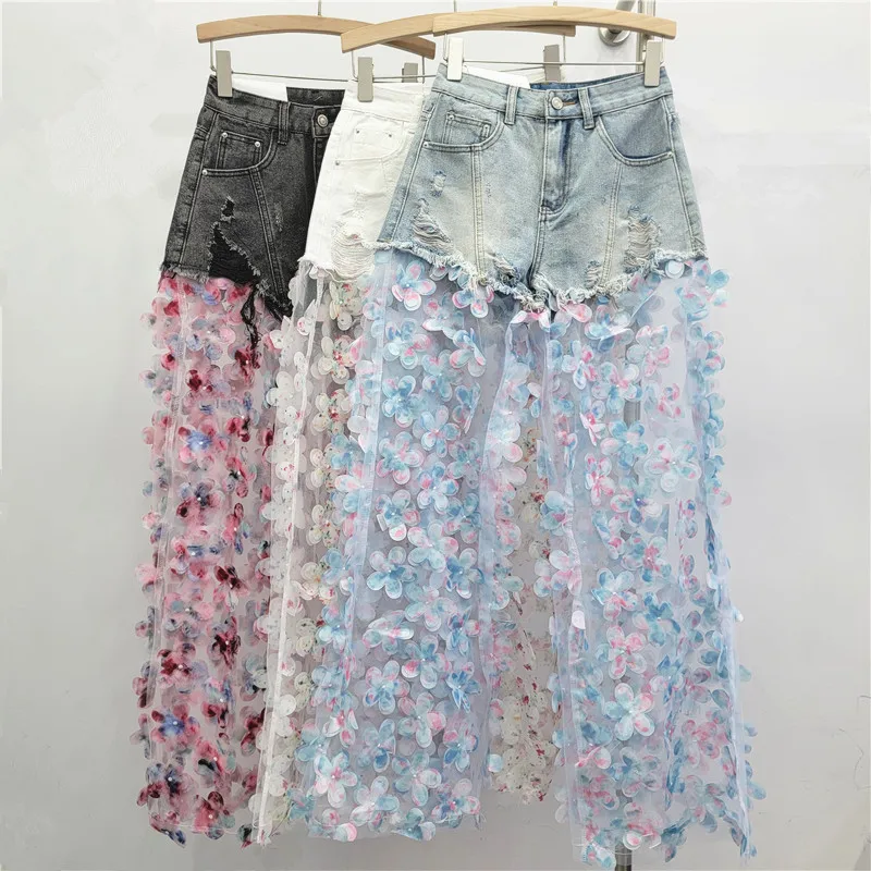 

Three-Dimensional Flower Lace Splicing Wide-Leg Blue Jeans Women, Light Luxury High-Waist Slimming Fashion Straight-Leg Trousers