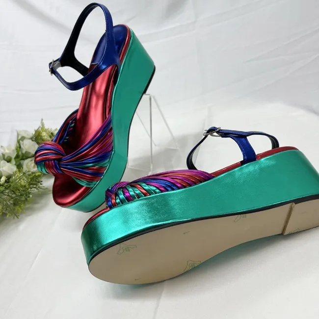 Women's Multicolor Metallic Wedge Sandals Ankle Strap with Tassel Knot Detail for Summer Beach Festivals Street Style Colorful