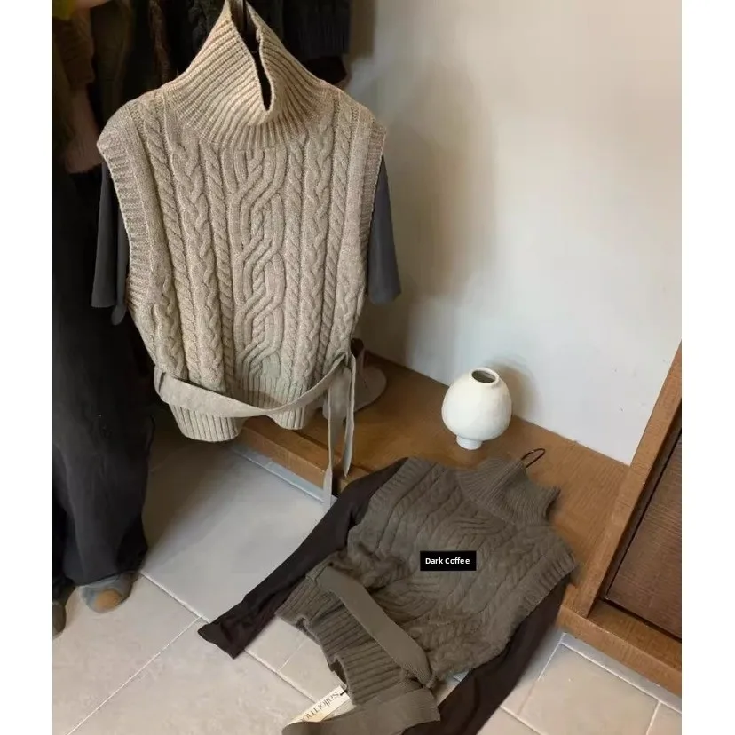 Gilet lavorato a maglia da donna Collo alto Vita stretta con cintura Svel Top Retro Sle Versatile Autunno Inverno Nuovo arrivo