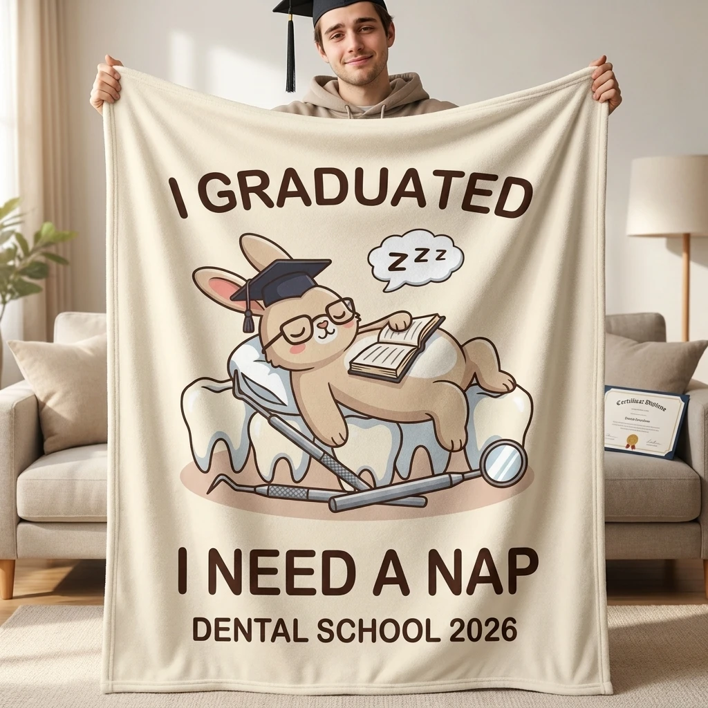 Dental School Grad Rabbit 2026 Flannel Throw Blanket, Funny I Graduated I Need A Nap Dental Grad Soft Cozy Home Decor Blanket