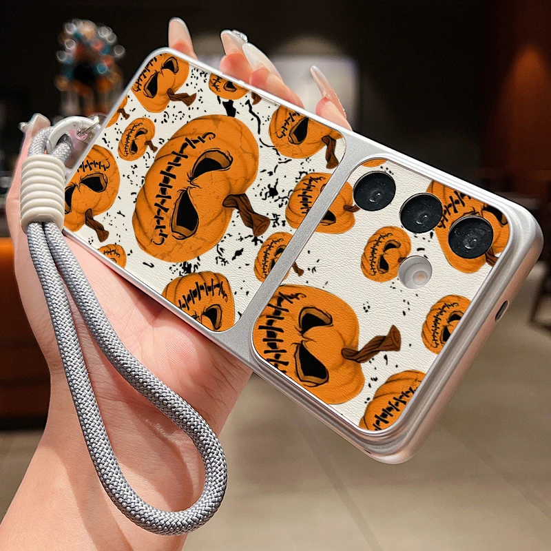 Autumn Pumpkin Leather Texture Phone Case For Samsung Galaxy S26 Ultra S25 S24 FE S23 S22 Plus Wrist Strap Lanyard TPU Cover