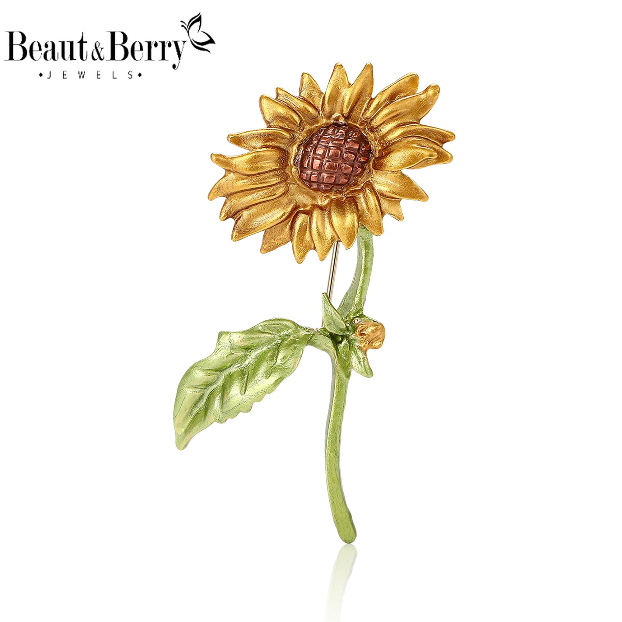 Beaut&Berry Fine Enamel Sunflower Brooches for Women Unisex Plant Pins Friends Party Gift Banquet Jewellery Accessories