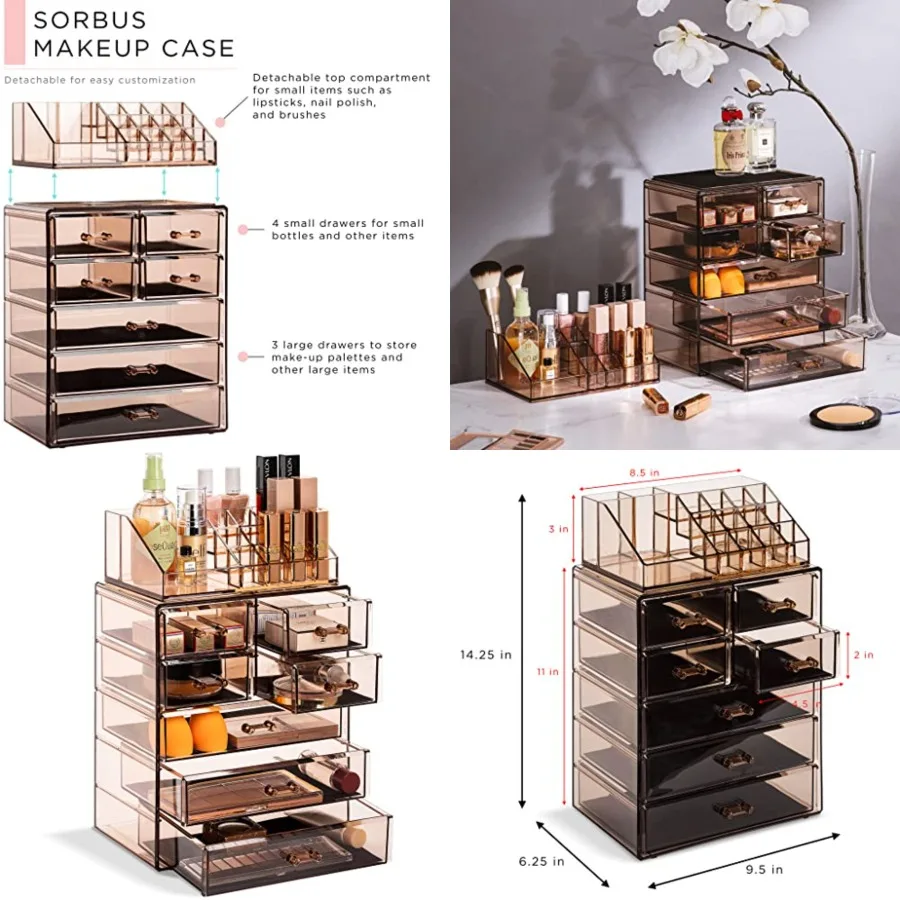 

Acrylic Makeup Organizer Set, 7-Drawer Vanity & Countertop Cosmetic Storage with Small & Wide Compartments, Bronze Glow Makeup Storage for Brushes, Jewelry – Holiday Gift for Women & Teens