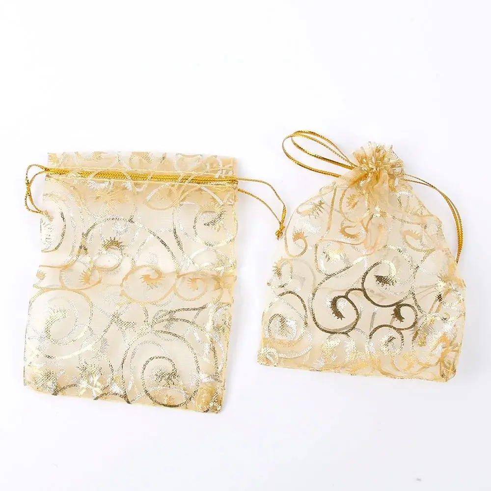 50pcs/lot Organza Jewelry Pouches Wrap Gold Drawstring Candy Gift Packing Bags 9*12cm Earring Storage Bags