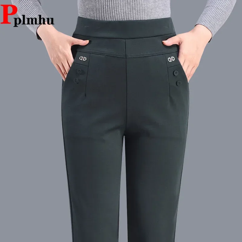 

High Elastic Waist Straight OL Pants New Women Trousers Korea Elegant Spodnie Strecth Casual Broek Office Pencil Pantalones