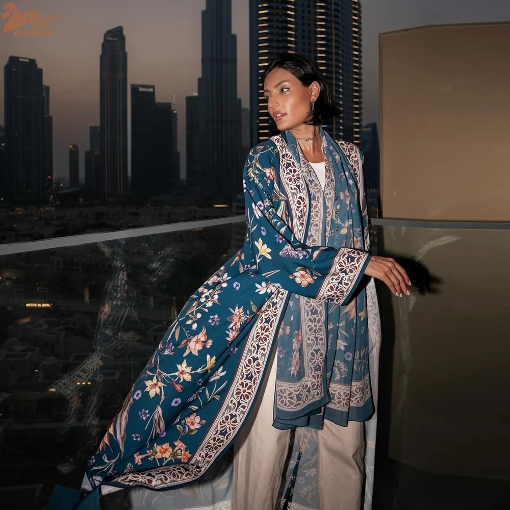 Uni Muslim Elegant Floral Print Keftan Including Headscarf Dubai Luxury Dubai Woman’s Open Abaya