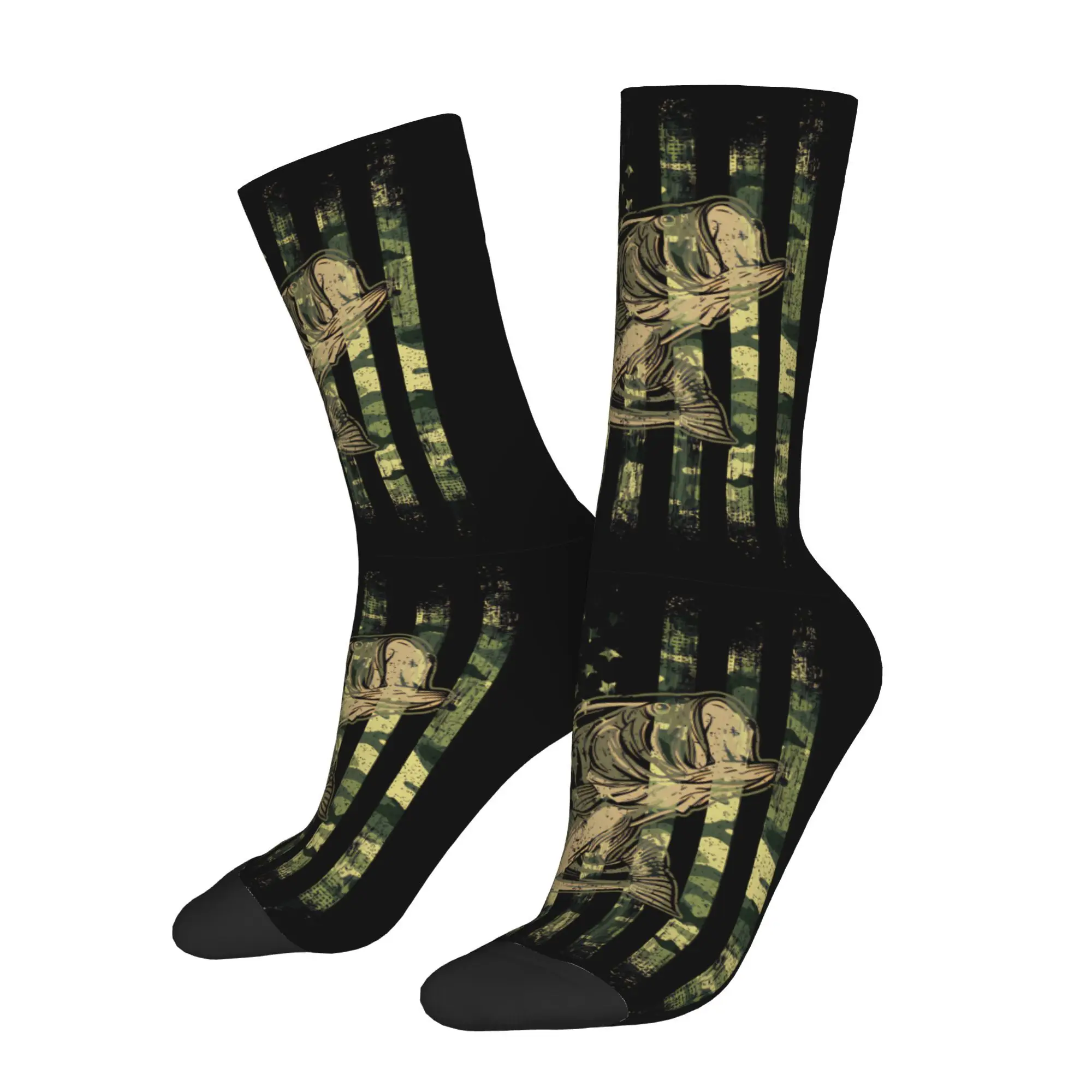 1pc Bass Fish American Flag Design Printed Men's Socks  Novelty Hip Hop Harajuku Pattern Crew Sock Casual Gift