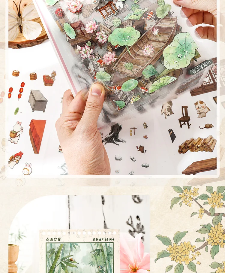 37 Blatt Transparente PET-Aufkleber im Antik-Stil mit Katzenmotiven, Chinesische Gartenszenen für Journal, Diorama und Collage – Detail 9