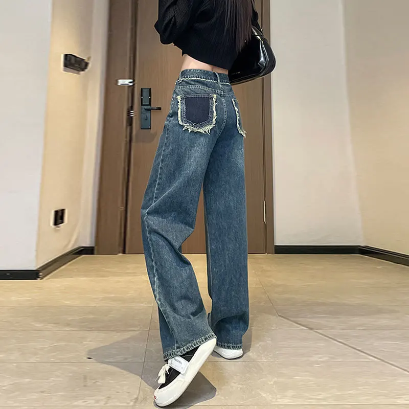

Women's High Waist Wide Leg Jeans, Dark Wash Denim Pants with Frayed Back Pockets, Casual Streetwear Trousers