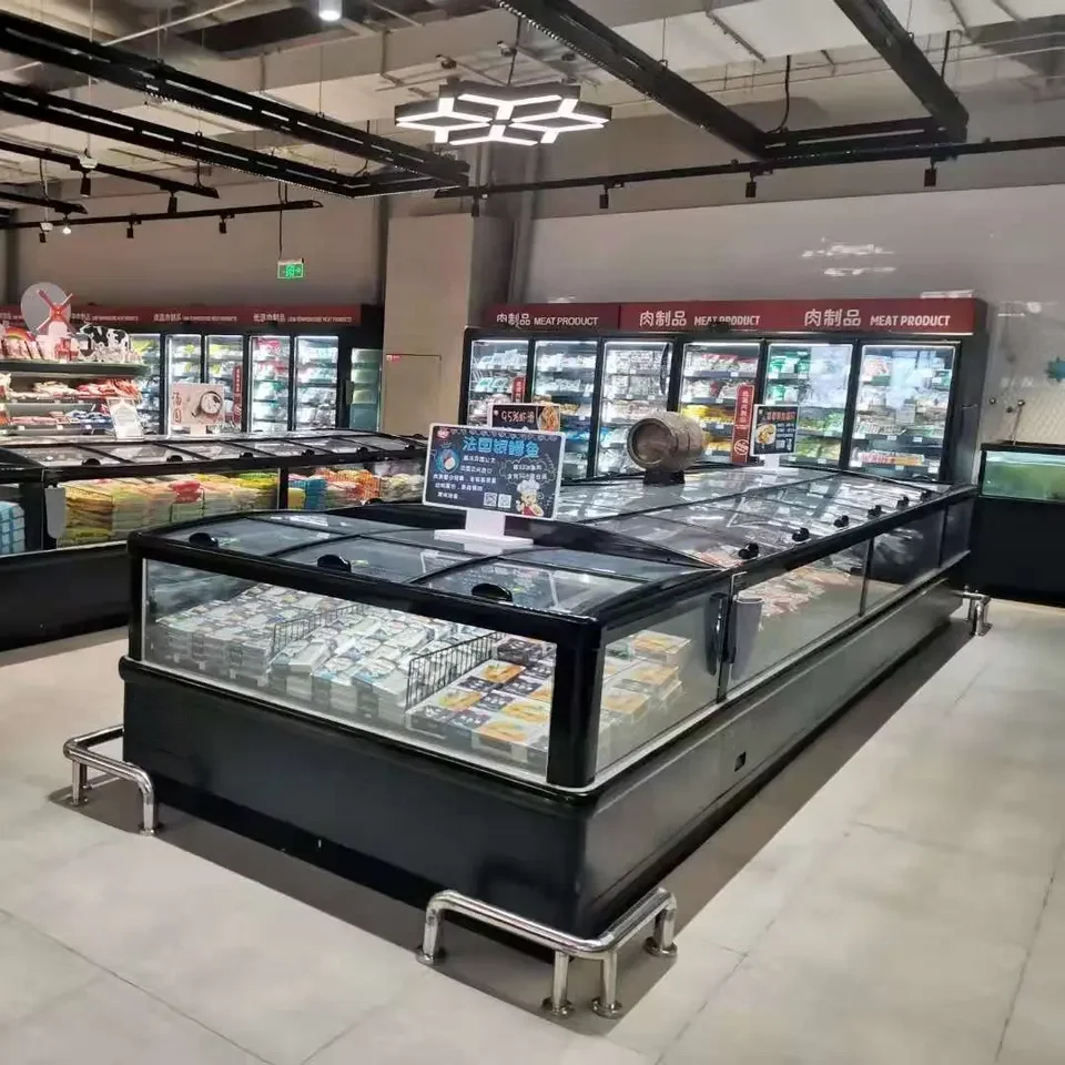 Aangepaste Factory Outlet Display Koeling Supermarkt Glazen Schuifdeur Display Eilandvriezer Commercieel Systeem