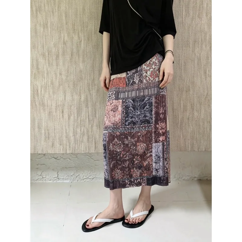  Original Printed Knitted Skirt Plisse Women 2026 Summer New Vacation Fold Jupe Commuting Slimming High Waist A-line Skirt