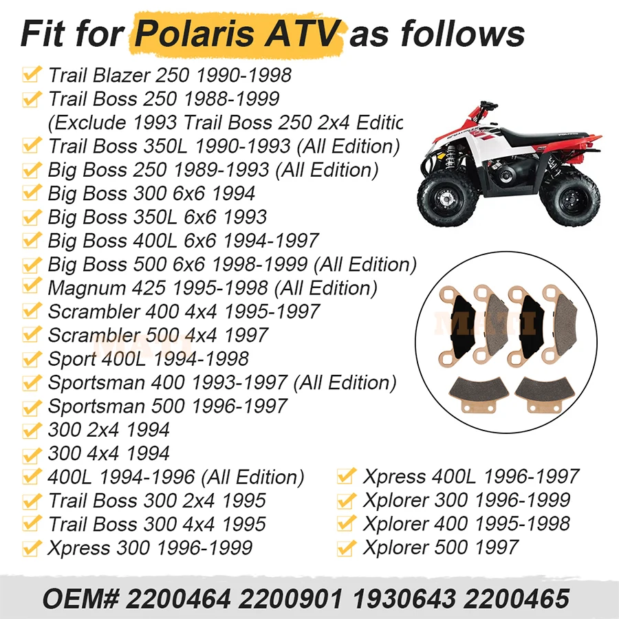 Front Rear Brake Pads Sintered for Polaris Trail Boss 250 300 350L 400L 500 Xpress 300 400L Xplorer 300 400 500 2200901 1930643
