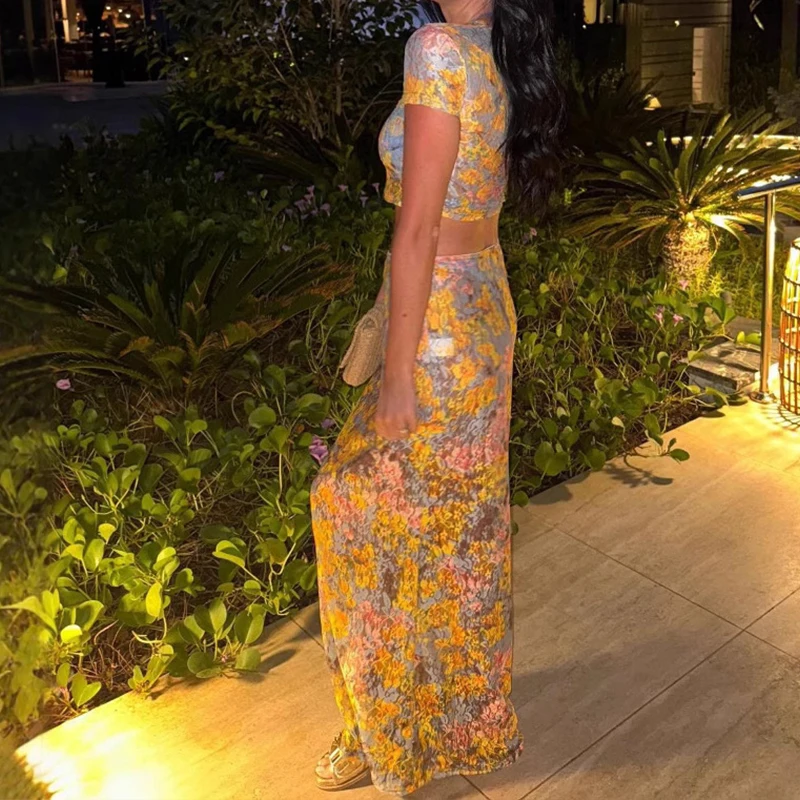 Fashion Printed Short Sleeve Summer Suit Vacation Crop Leisure Women's Two Piece Set Sexy Perspective Slim Fit Long Skirt Outfit