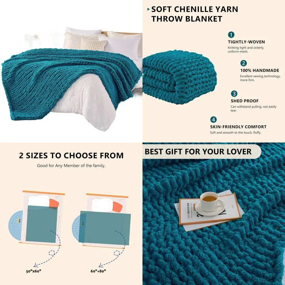 

60x80 Teal Chunky Cable Knit Throw Blanket - Large Handmade Chenille Crochet for Bed, Couch, Home Decor
