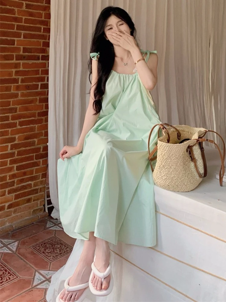 Vestido verde menta con tirantes finos para mujer, vestidos Midi holgados con cordones para playa, vacaciones de verano, estilo francés, temperamento Fairycore informal