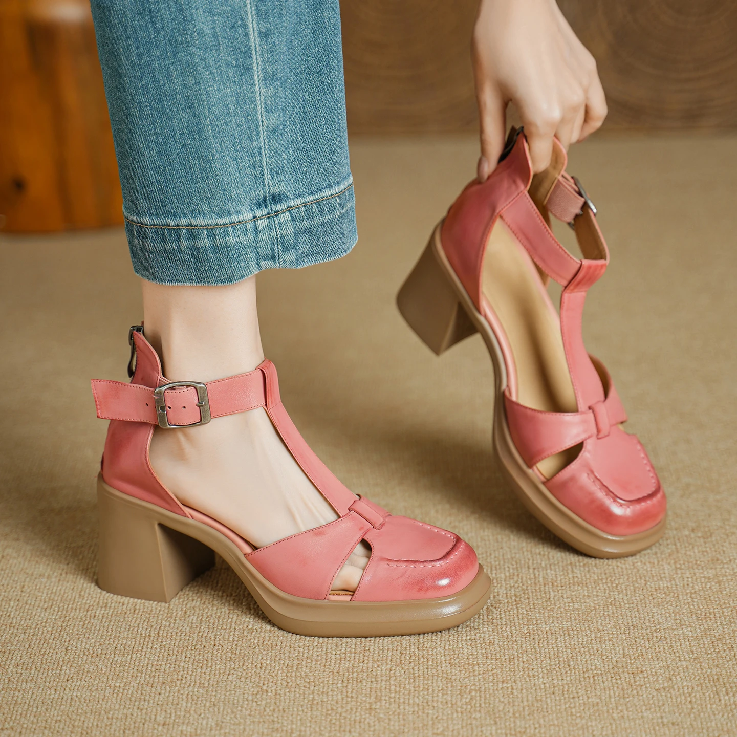

Genuine Leather Cowhide Heels Women's Sandals,Thick Heels Summer High Heels,Fashion Platform Women Shoes