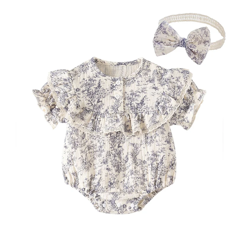 2026 New Summer 0-24M Children Clothes Infant Baby Girls Bodysuits Short Sleeved Cotton Print Toddler Baby Girls Jumpsuit