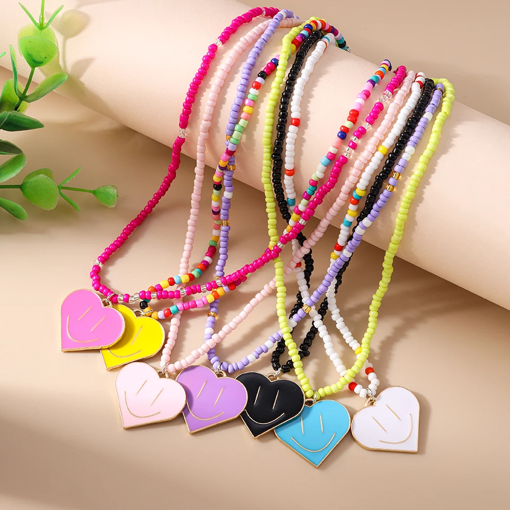 Aihua 7pcs/set Cute Bohemia Irregular Smile Face Necklaces for Women BFF Best Friends Kids Smile Pendant Necklace Birthday Gifts