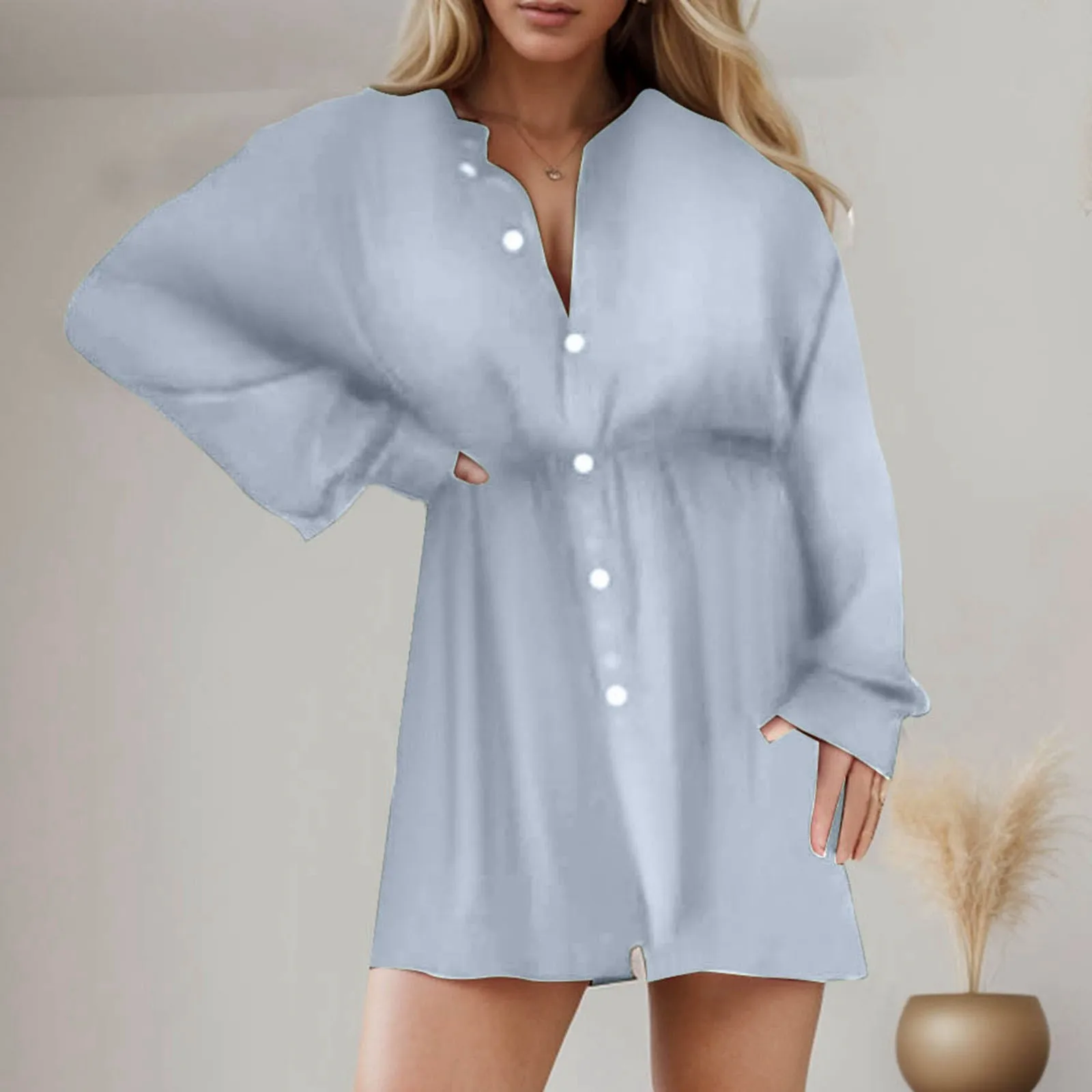 

Women's Casual Button Up Dress，Solid Color Long Sleeved Button Up Shirt Casual Dresses for Women Knee Length