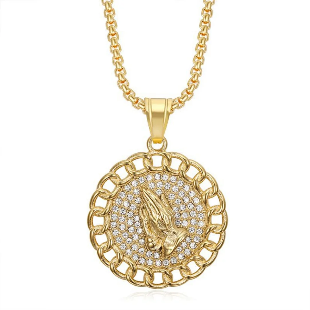 

Religious Iced Out Praying Hand Pendant Gold Silver Color Stainless Steel Chain Zirconia Round Necklace for Woman Man Jewelry