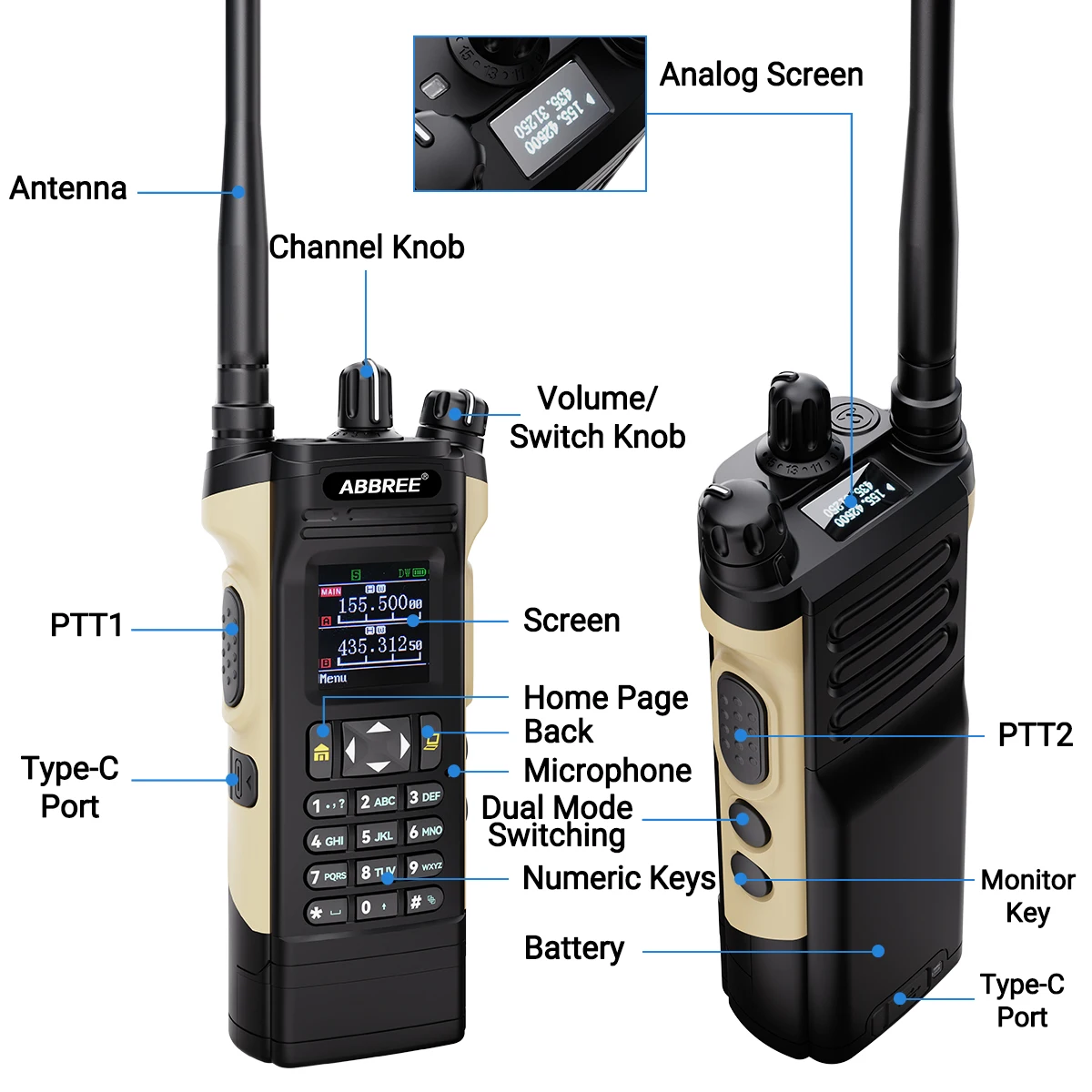 ABBREE AR-8000 Walkie Talkie Long Range Dual Speaker Display 12W Air Band Wireless Copy Frequency Type-c Handheld Two Way Radio